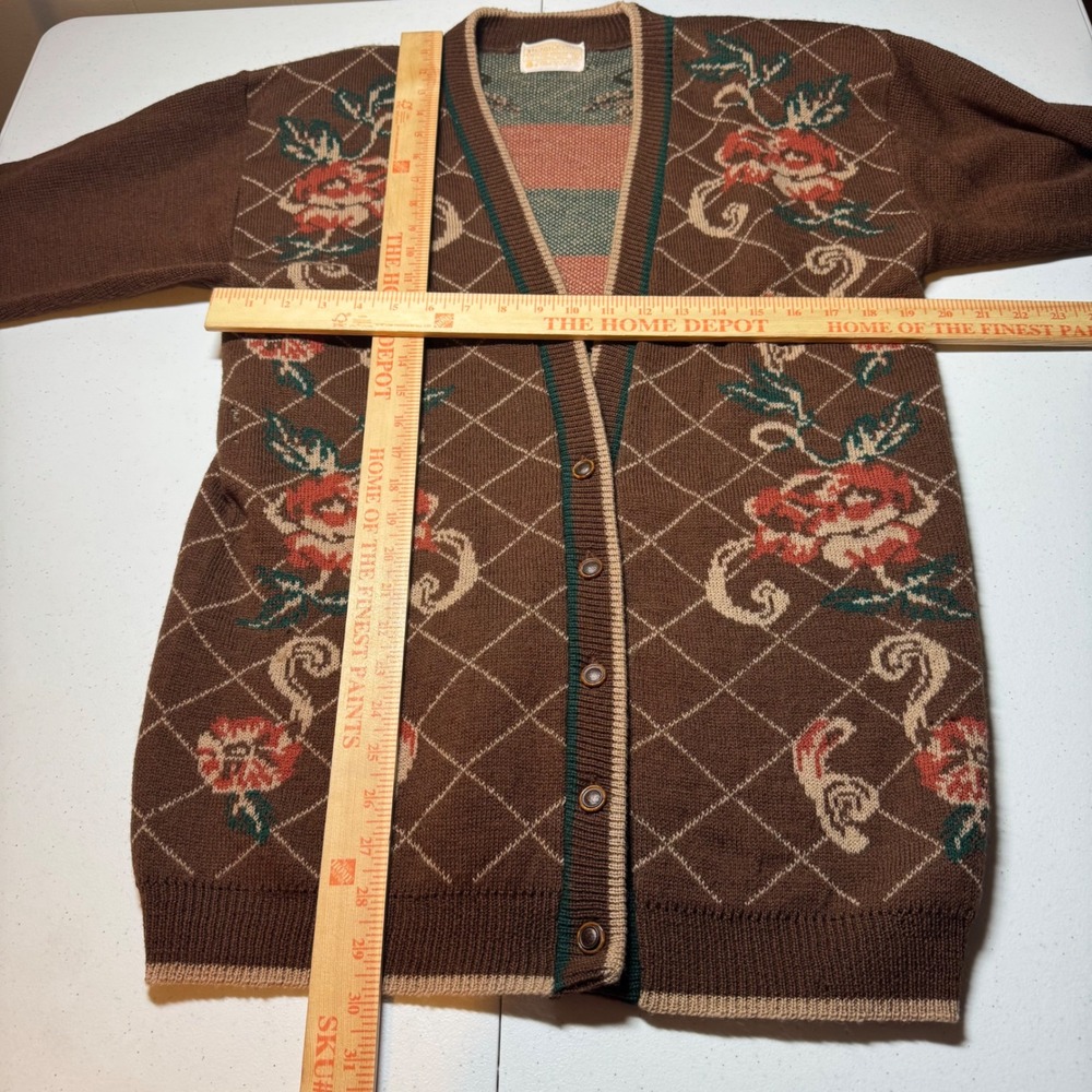 Vintage Cottagecore Floral Virgin Wool Cardigan M Brown Grandma Sweater Flawed - Picture 4 of 14